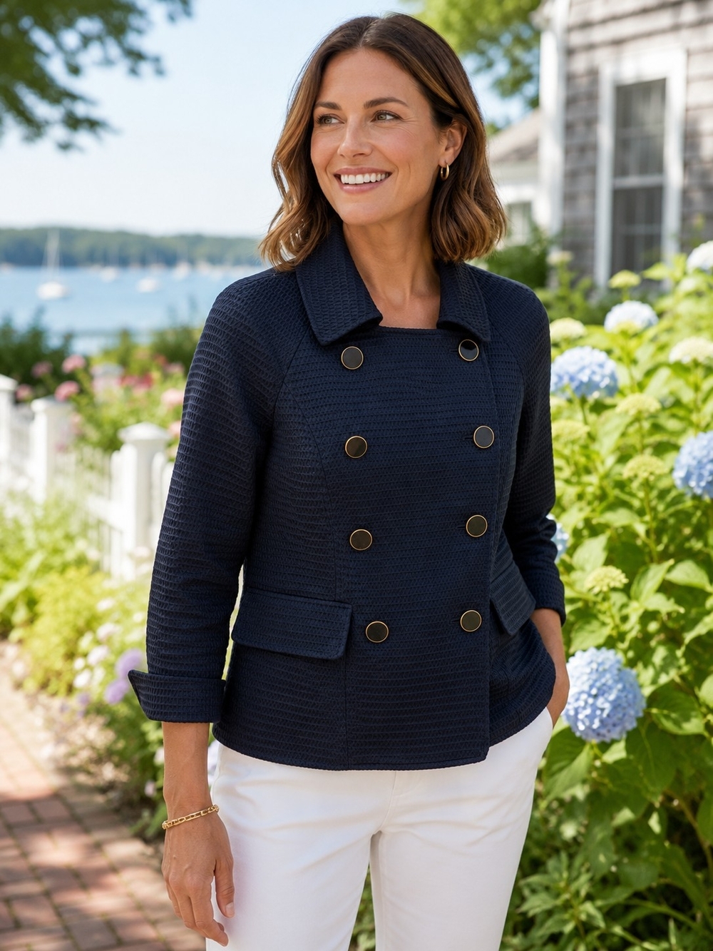 Talbots Petite Navy Textured Double Breasted Blazer Gold Buttons Size 8P